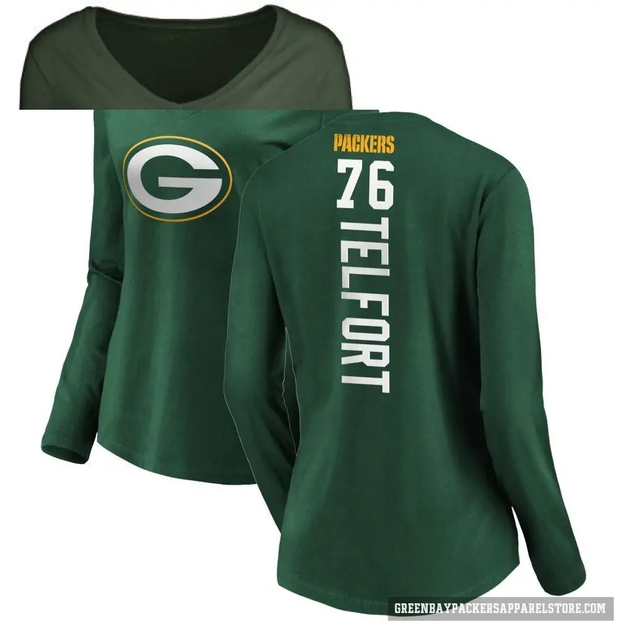 Women's ＃76 Kadeem Telfort Green Bay Packers Green Backer Slim Fit Long Sleeve T-Shirt