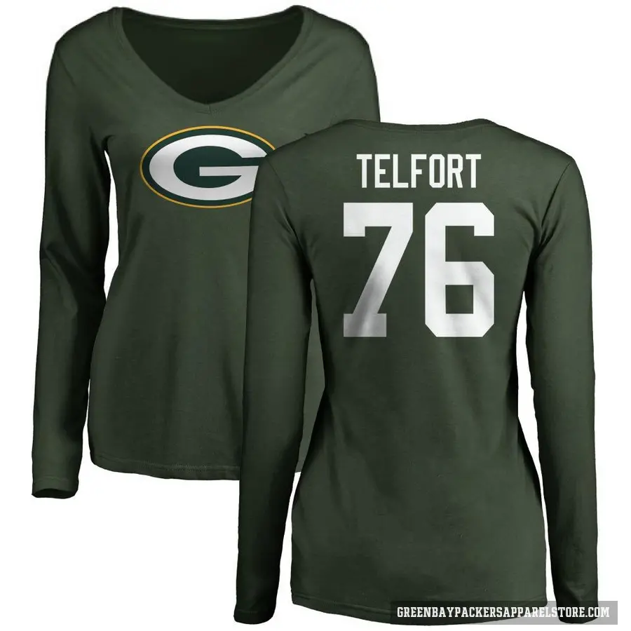 Women's ＃76 Kadeem Telfort Green Bay Packers Green Logo Slim Fit Long Sleeve T-Shirt