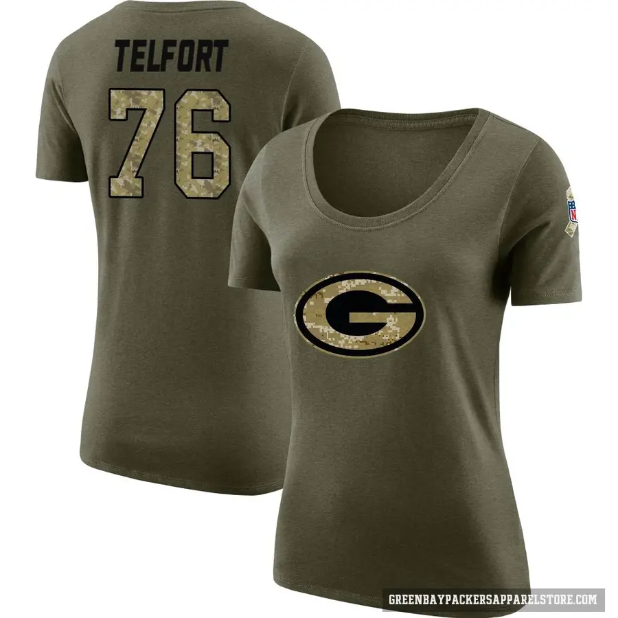 Women's ＃76 Kadeem Telfort Green Bay Packers Olive Salute to Service Scoop Neck T-Shirt