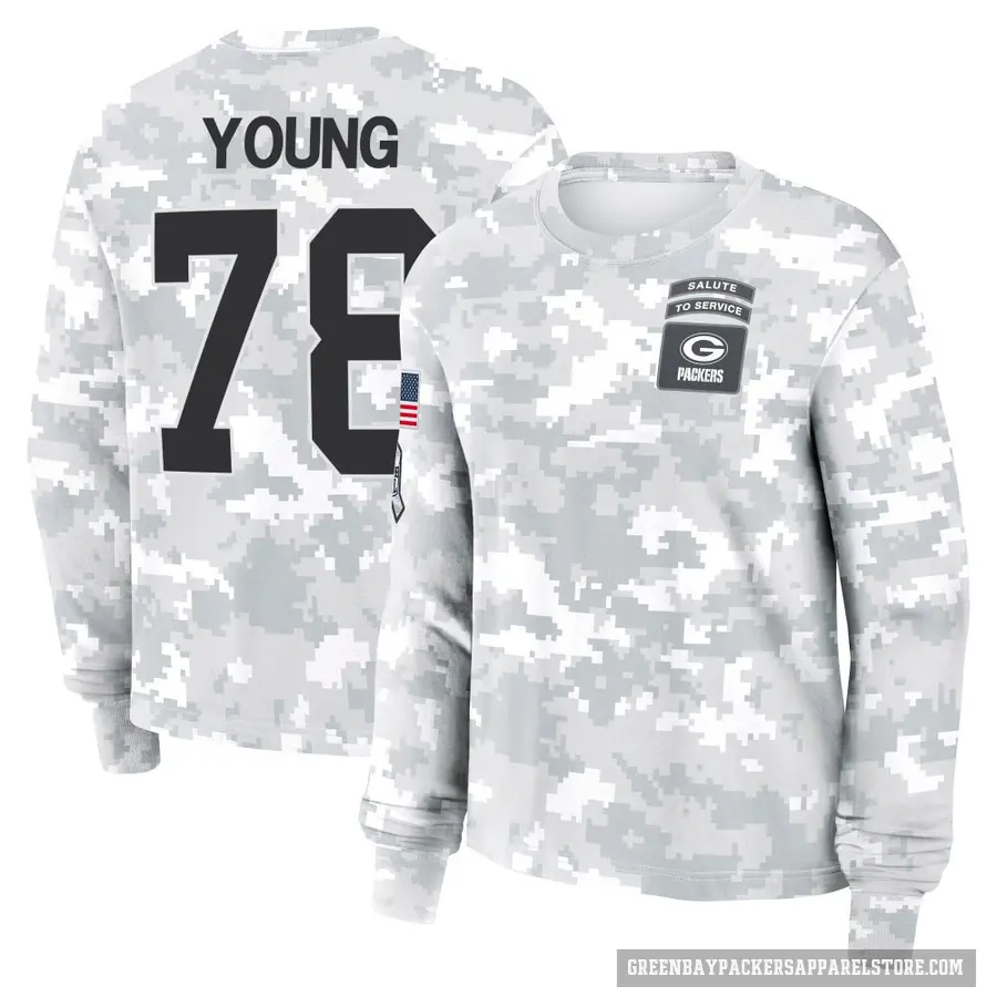Women's ＃78 Cameron Young Green Bay Packers Camo Arctic 2024 Salute to Service Long Sleeve T-Shirt
