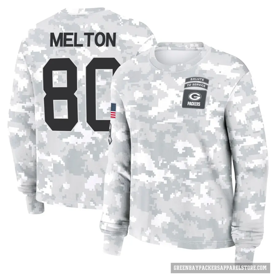 Women's ＃80 Bo Melton Green Bay Packers Camo Arctic 2024 Salute to Service Long Sleeve T-Shirt