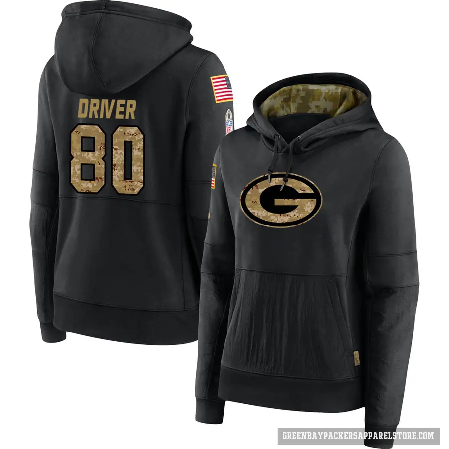 Women's ＃80 Donald Driver Green Bay Packers Black 2020 Salute to Service Sideline Performance Pullover Hoodie
