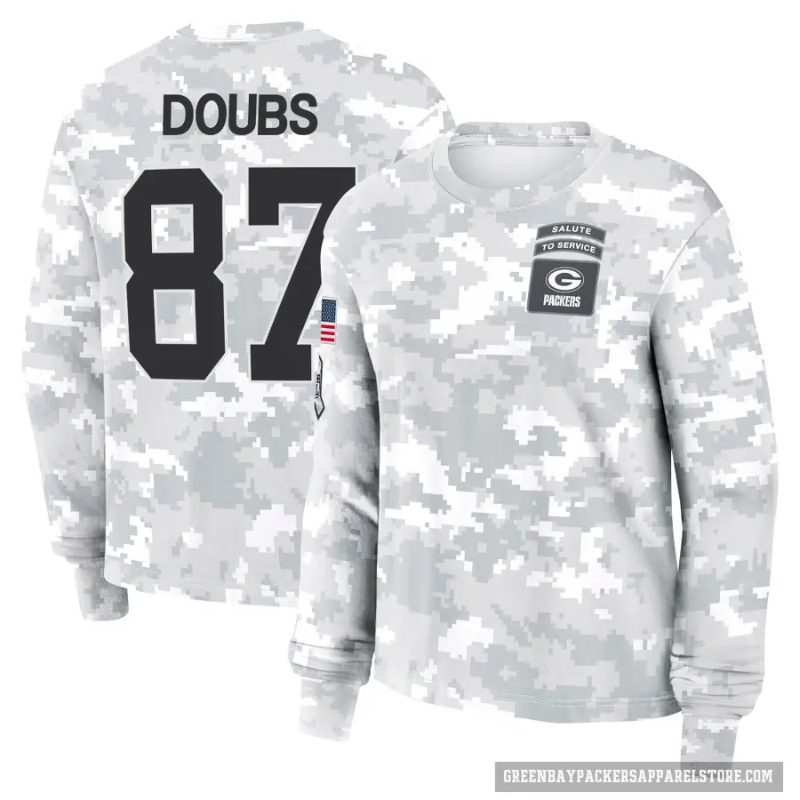 Women's ＃87 Romeo Doubs Green Bay Packers Camo Arctic 2024 Salute to Service Long Sleeve T-Shirt