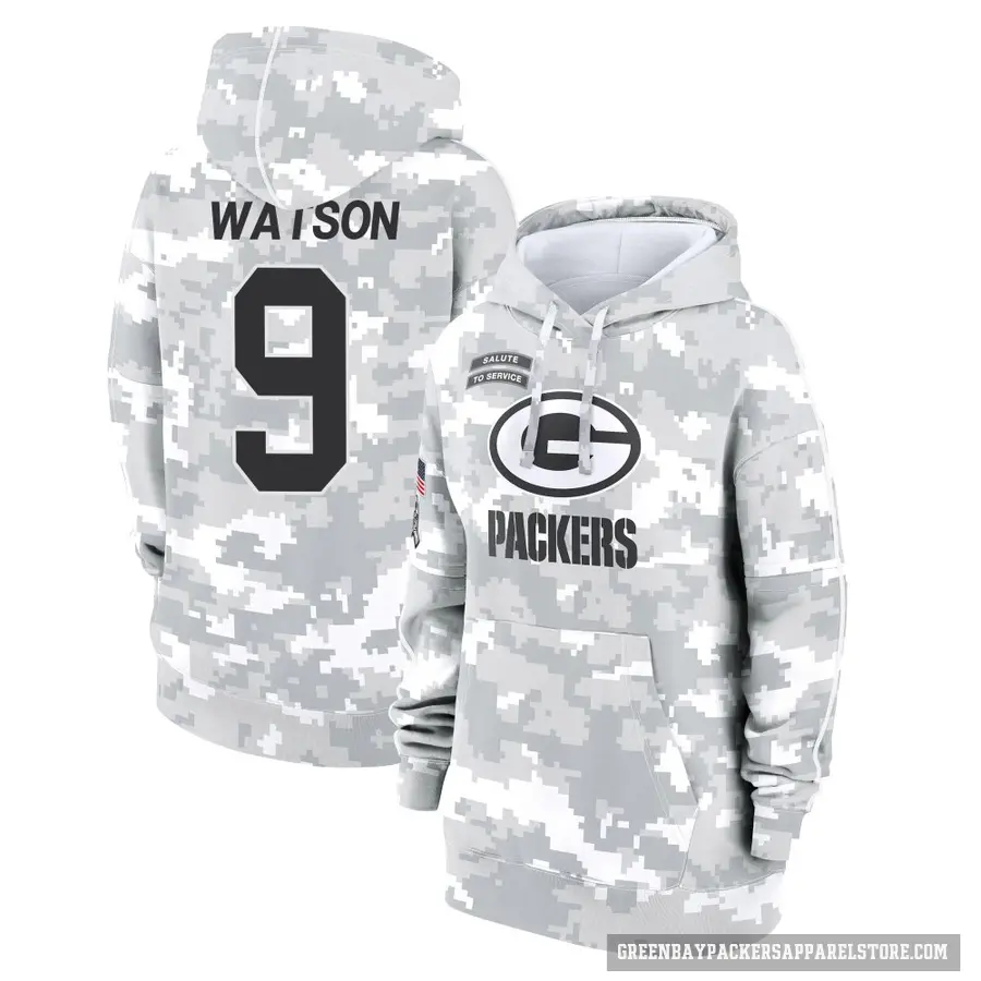 Women's ＃9 Christian Watson Green Bay Packers Arctic Camo 2024 Salute to Service Club Fleece Pullover Hoodie