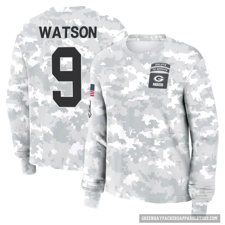 Women's ＃9 Christian Watson Green Bay Packers Camo Arctic 2024 Salute to Service Long Sleeve T-Shirt