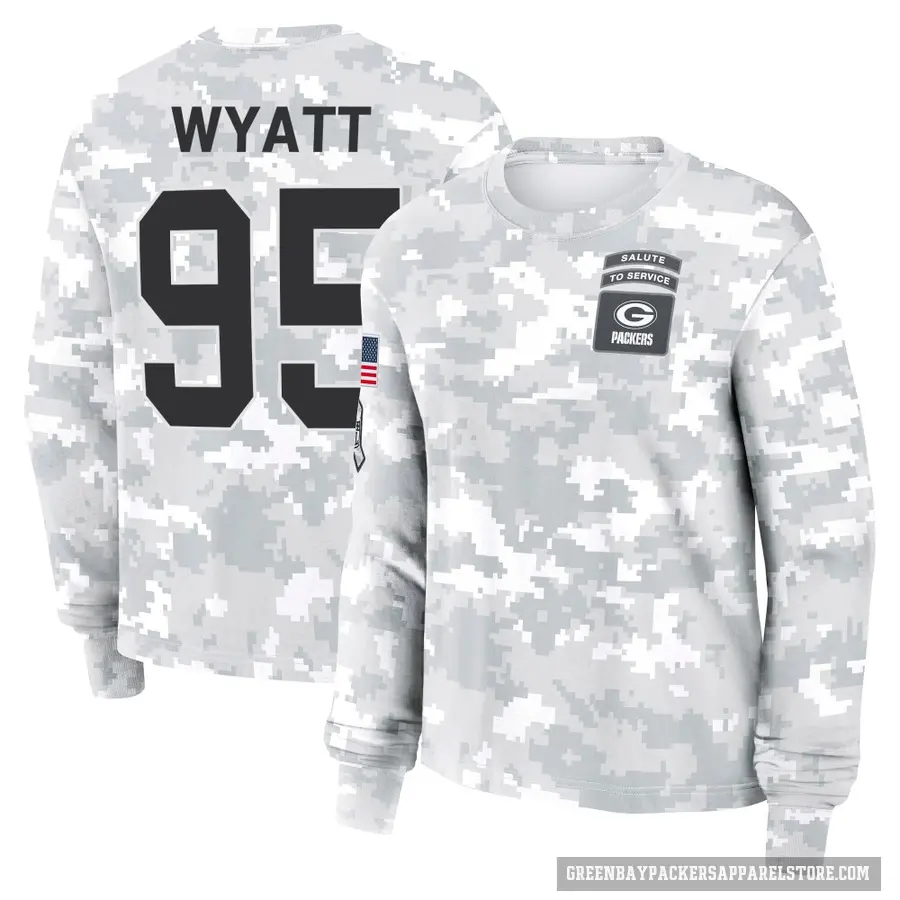 Women's ＃95 Devonte Wyatt Green Bay Packers Camo Arctic 2024 Salute to Service Long Sleeve T-Shirt