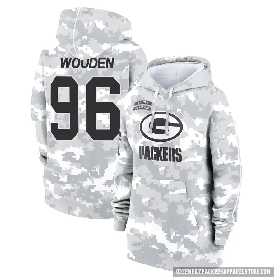 Women's ＃96 Colby Wooden Green Bay Packers Arctic Camo 2024 Salute to Service Club Fleece Pullover Hoodie