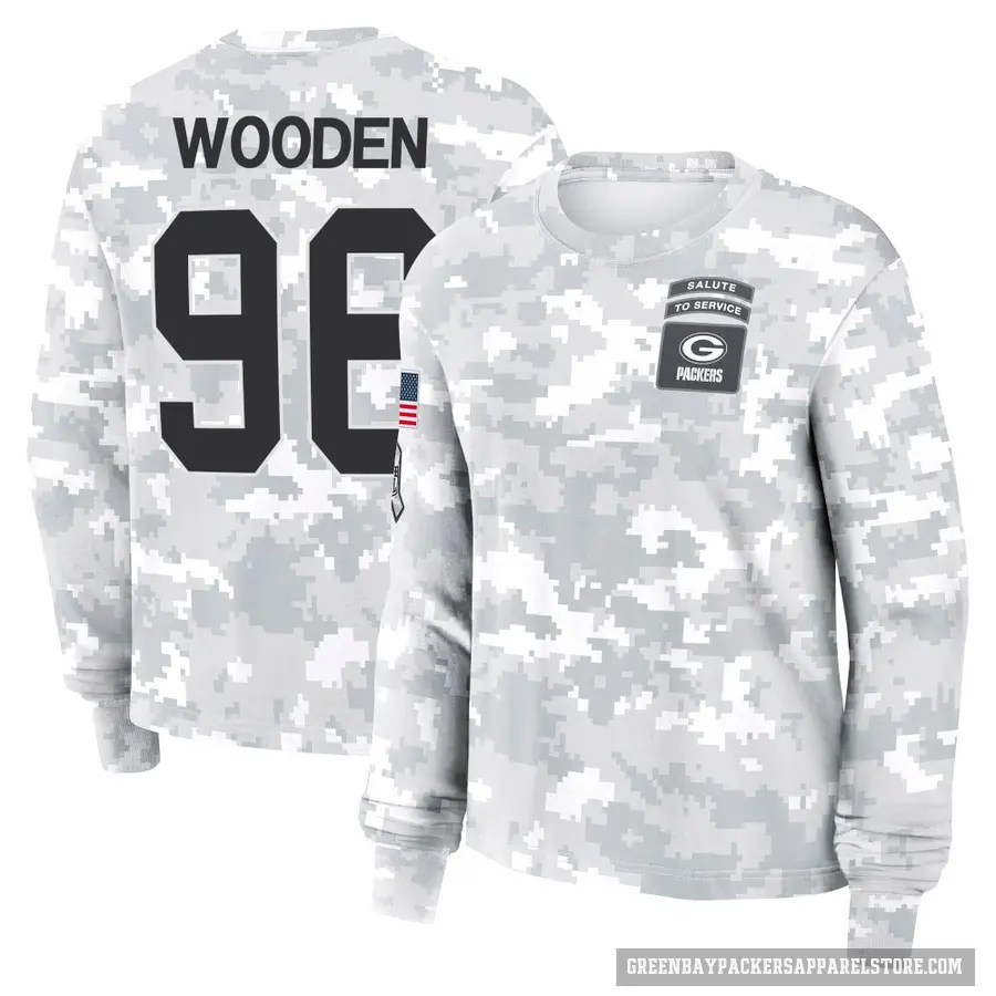 Women's ＃96 Colby Wooden Green Bay Packers Camo Arctic 2024 Salute to Service Long Sleeve T-Shirt