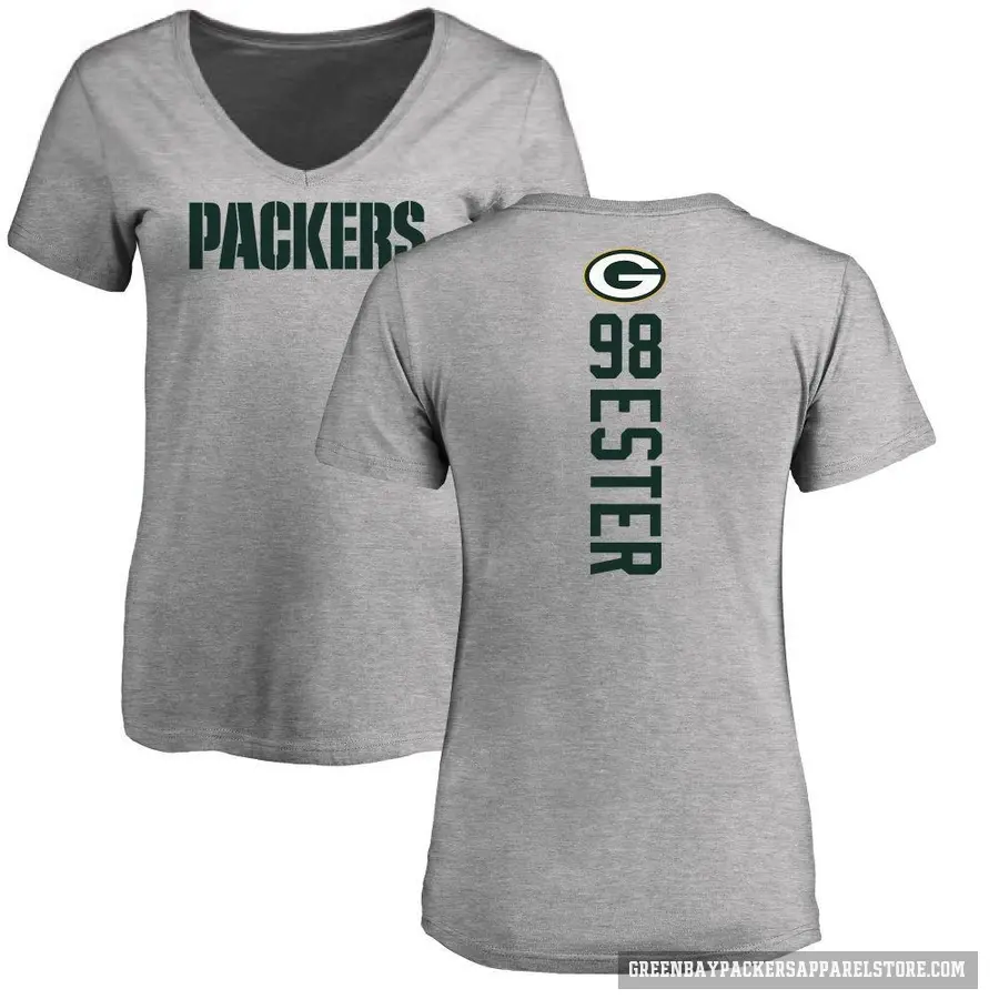 Women's ＃98 James Ester Green Bay Packers Ash Backer V-Neck T-Shirt
