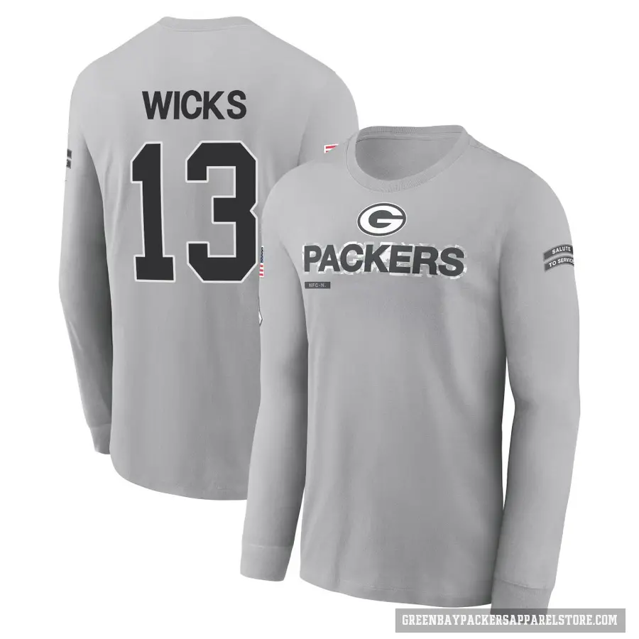 Youth ＃13 Dontayvion Wicks Green Bay Packers Gray 2024 Salute to Service Long Sleeve T-Shirt