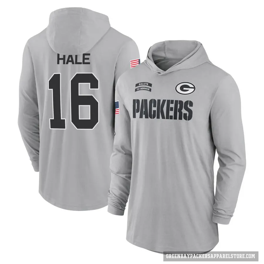 Youth ＃16 Alex Hale Green Bay Packers Gray 2024 Salute to Service Lightweight Performance Long Sleeve Hooded T-Shirt