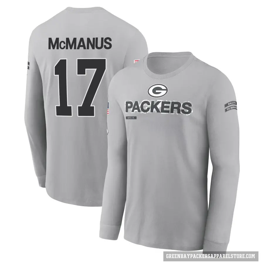 Youth ＃17 Brandon McManus Green Bay Packers Gray 2024 Salute to Service Long Sleeve T-Shirt