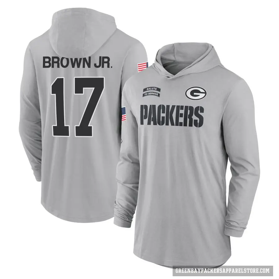Youth ＃17 Sam Brown Jr. Green Bay Packers Brown Gray 2024 Salute to Service Lightweight Performance Long Sleeve Hooded T-Shirt
