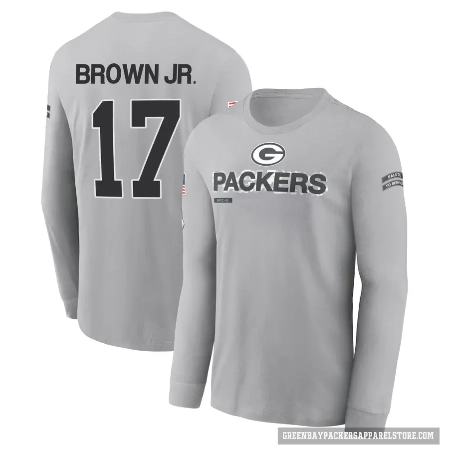Youth ＃17 Sam Brown Jr. Green Bay Packers Brown Gray 2024 Salute to Service Long Sleeve T-Shirt