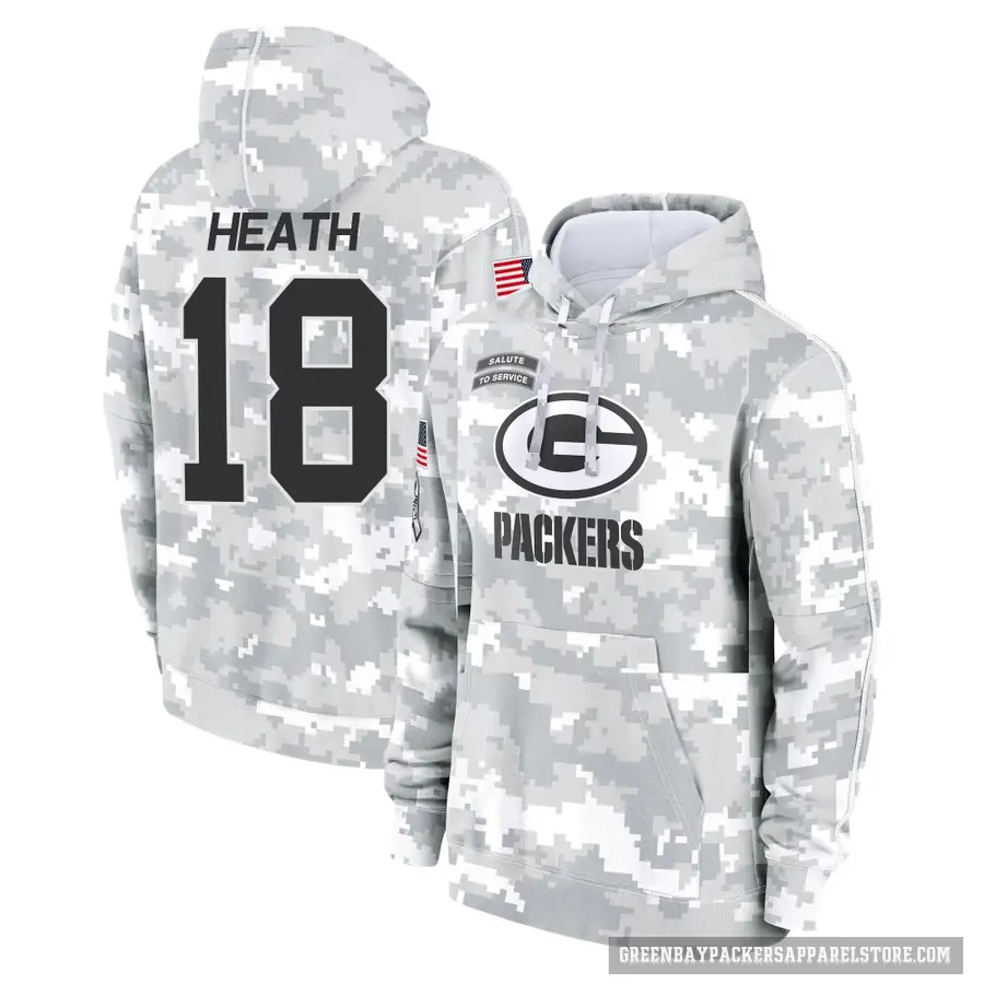 Youth ＃18 Malik Heath Green Bay Packers Arctic Camo 2024 Salute to Service Club Fleece Pullover Hoodie
