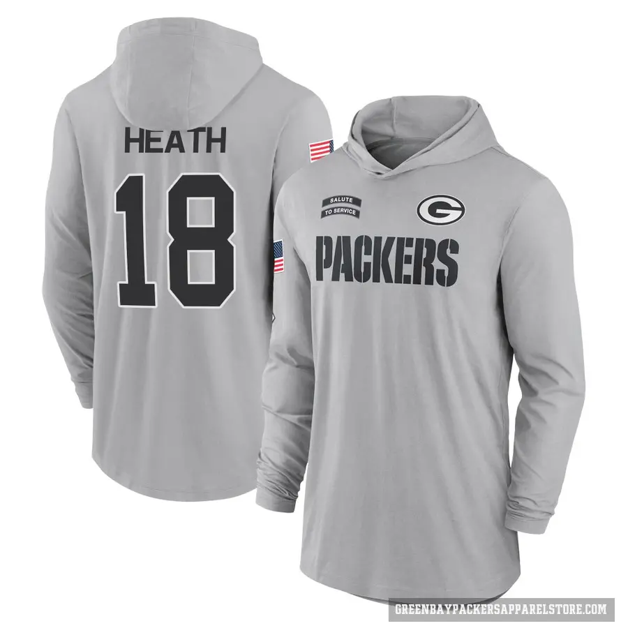 Youth ＃18 Malik Heath Green Bay Packers Gray 2024 Salute to Service Lightweight Performance Long Sleeve Hooded T-Shirt