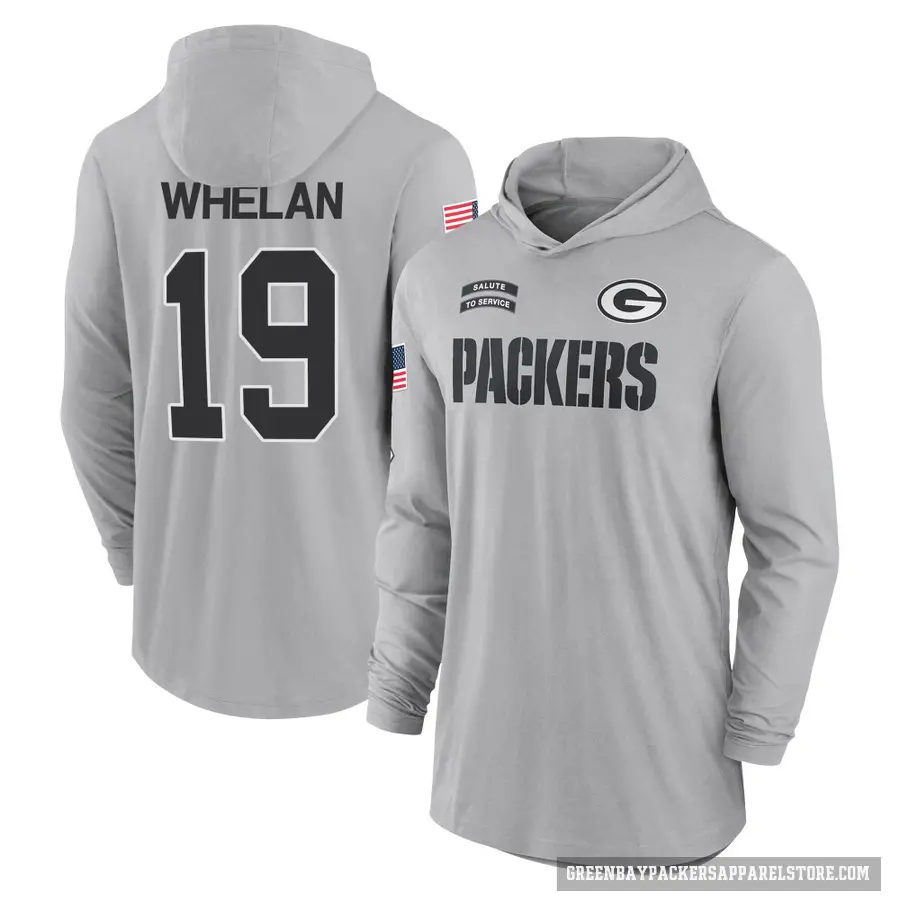 Youth ＃19 Daniel Whelan Green Bay Packers Gray 2024 Salute to Service Lightweight Performance Long Sleeve Hooded T-Shirt