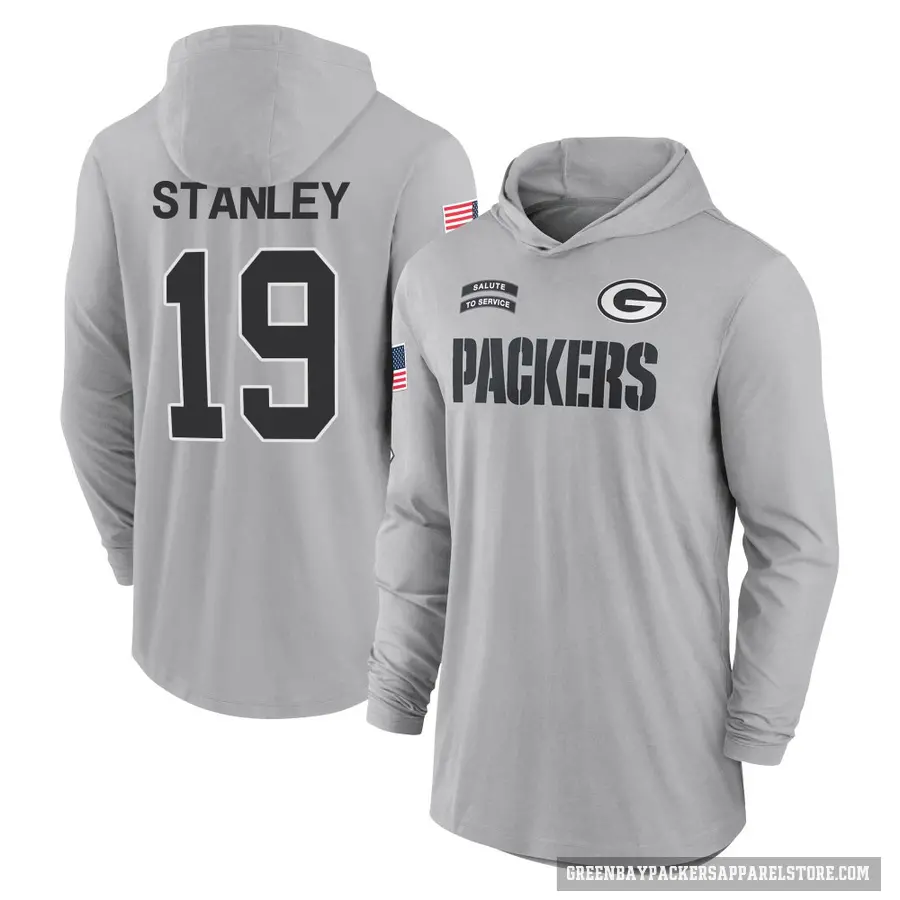 Youth ＃19 Dimitri Stanley Green Bay Packers Gray 2024 Salute to Service Lightweight Performance Long Sleeve Hooded T-Shirt