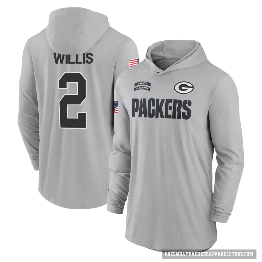 Youth ＃2 Malik Willis Green Bay Packers Gray 2024 Salute to Service Lightweight Performance Long Sleeve Hooded T-Shirt