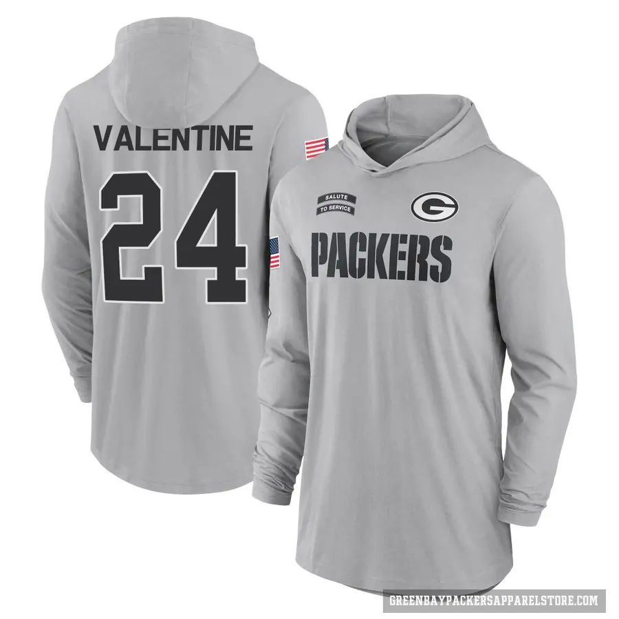 Youth ＃24 Carrington Valentine Green Bay Packers Gray 2024 Salute to Service Lightweight Performance Long Sleeve Hooded T-Shirt