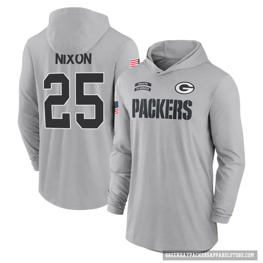 Youth ＃25 Keisean Nixon Green Bay Packers Gray 2024 Salute to Service Lightweight Performance Long Sleeve Hooded T-Shirt