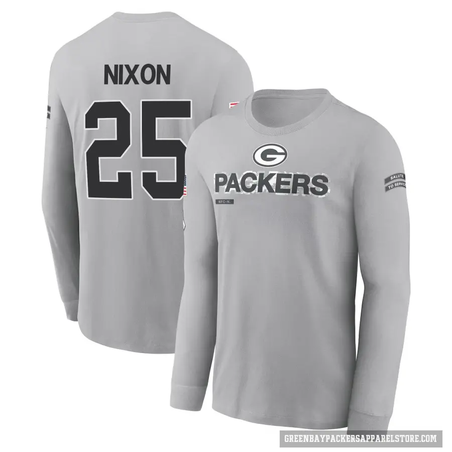 Youth ＃25 Keisean Nixon Green Bay Packers Gray 2024 Salute to Service Long Sleeve T-Shirt