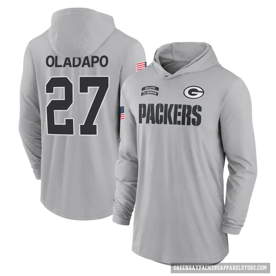 Youth ＃27 Kitan Oladapo Green Bay Packers Gray 2024 Salute to Service Lightweight Performance Long Sleeve Hooded T-Shirt