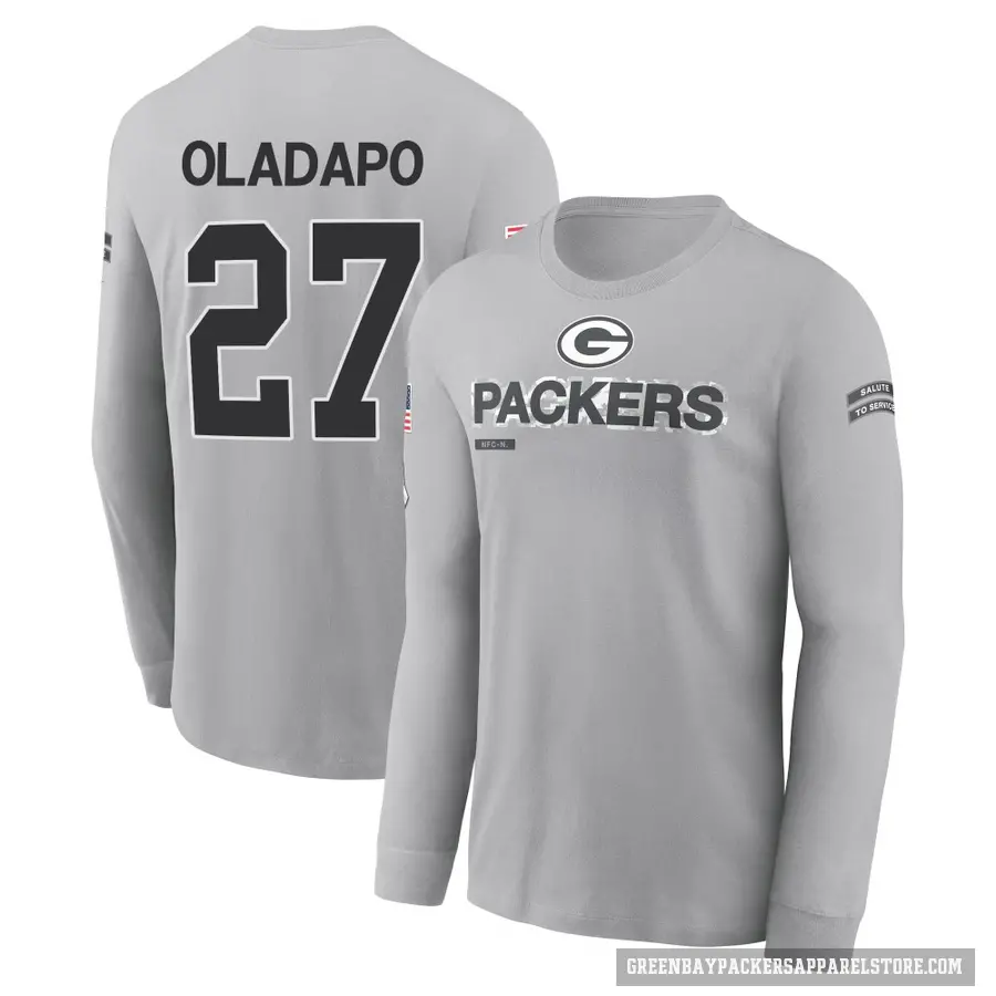 Youth ＃27 Kitan Oladapo Green Bay Packers Gray 2024 Salute to Service Long Sleeve T-Shirt