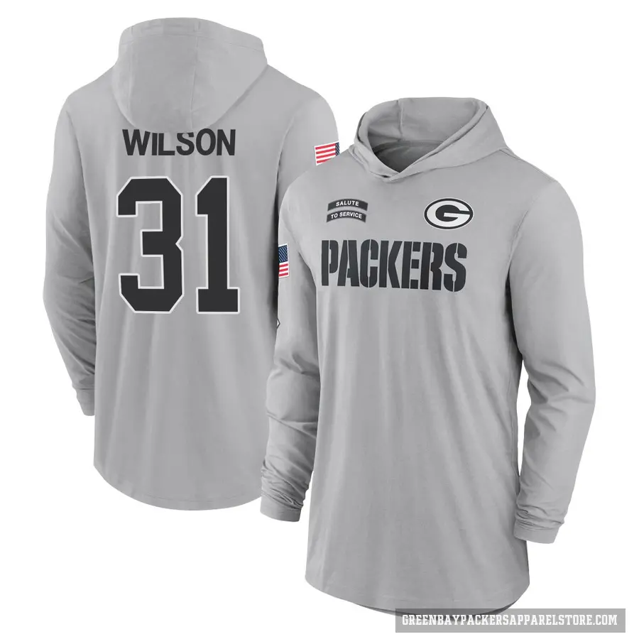 Youth ＃31 Emanuel Wilson Green Bay Packers Gray 2024 Salute to Service Lightweight Performance Long Sleeve Hooded T-Shirt