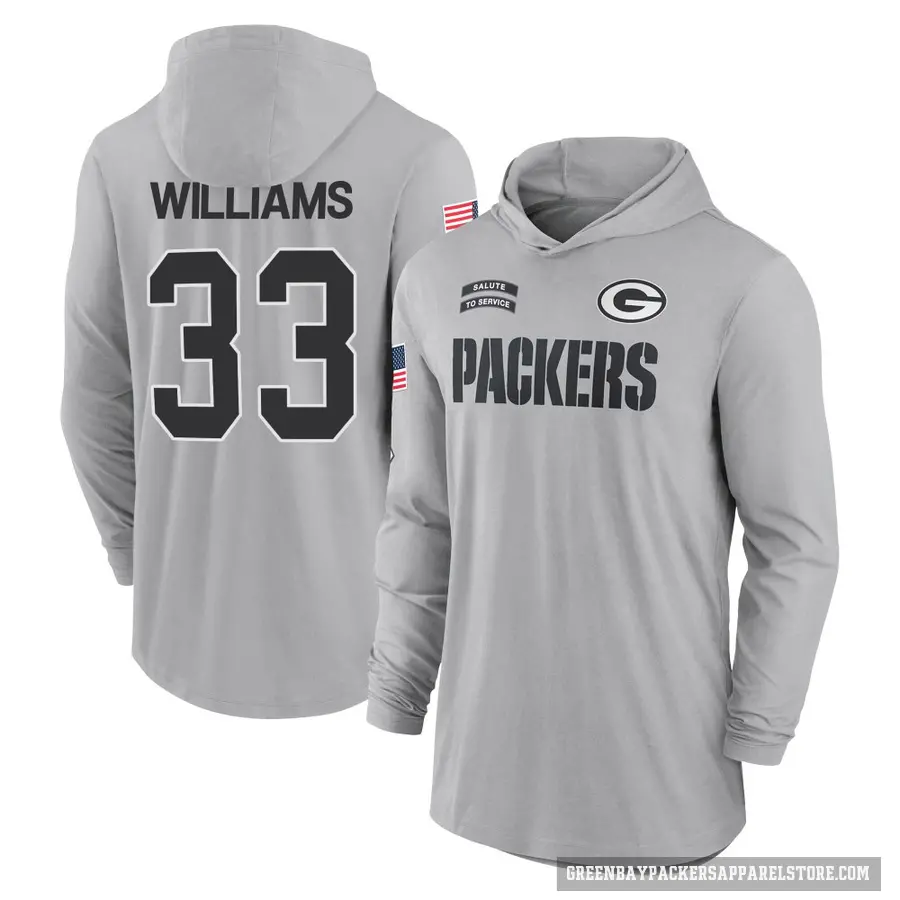 Youth ＃33 Evan Williams Green Bay Packers Gray 2024 Salute to Service Lightweight Performance Long Sleeve Hooded T-Shirt