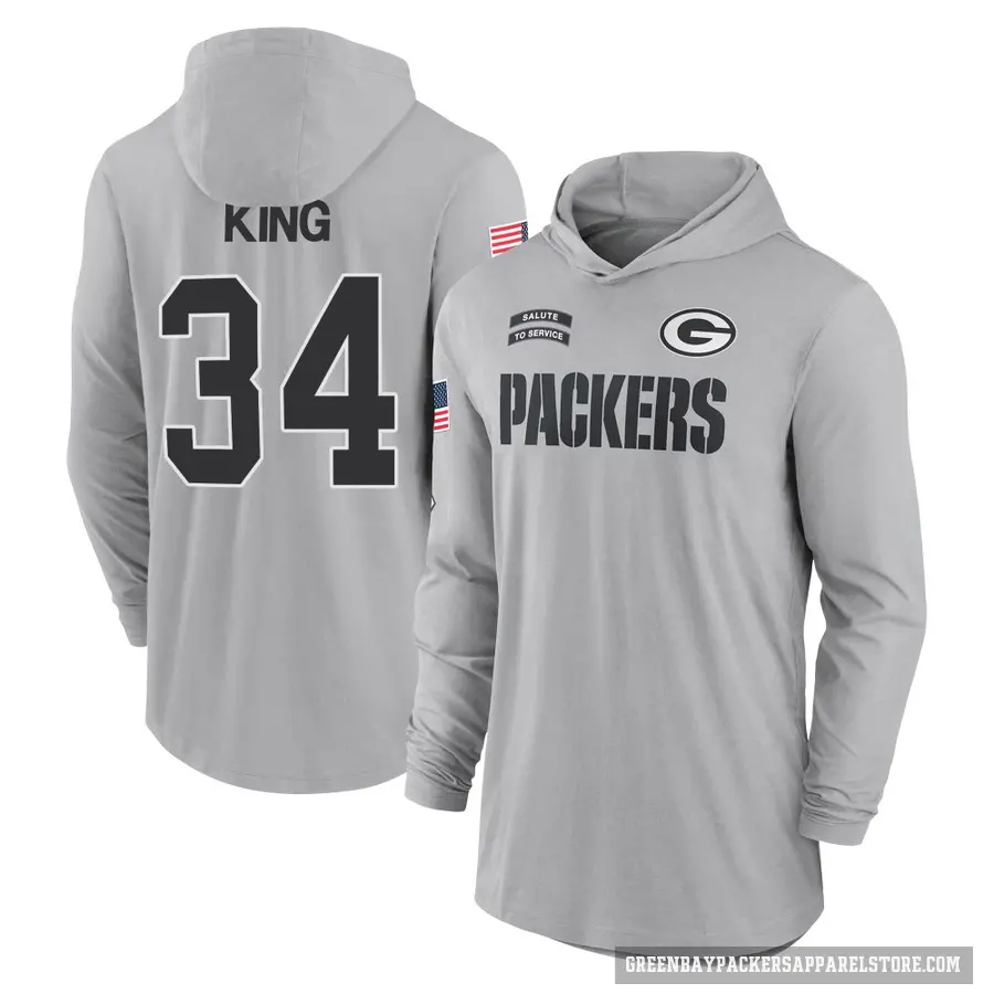 Youth ＃34 Kalen King Green Bay Packers Gray 2024 Salute to Service Lightweight Performance Long Sleeve Hooded T-Shirt