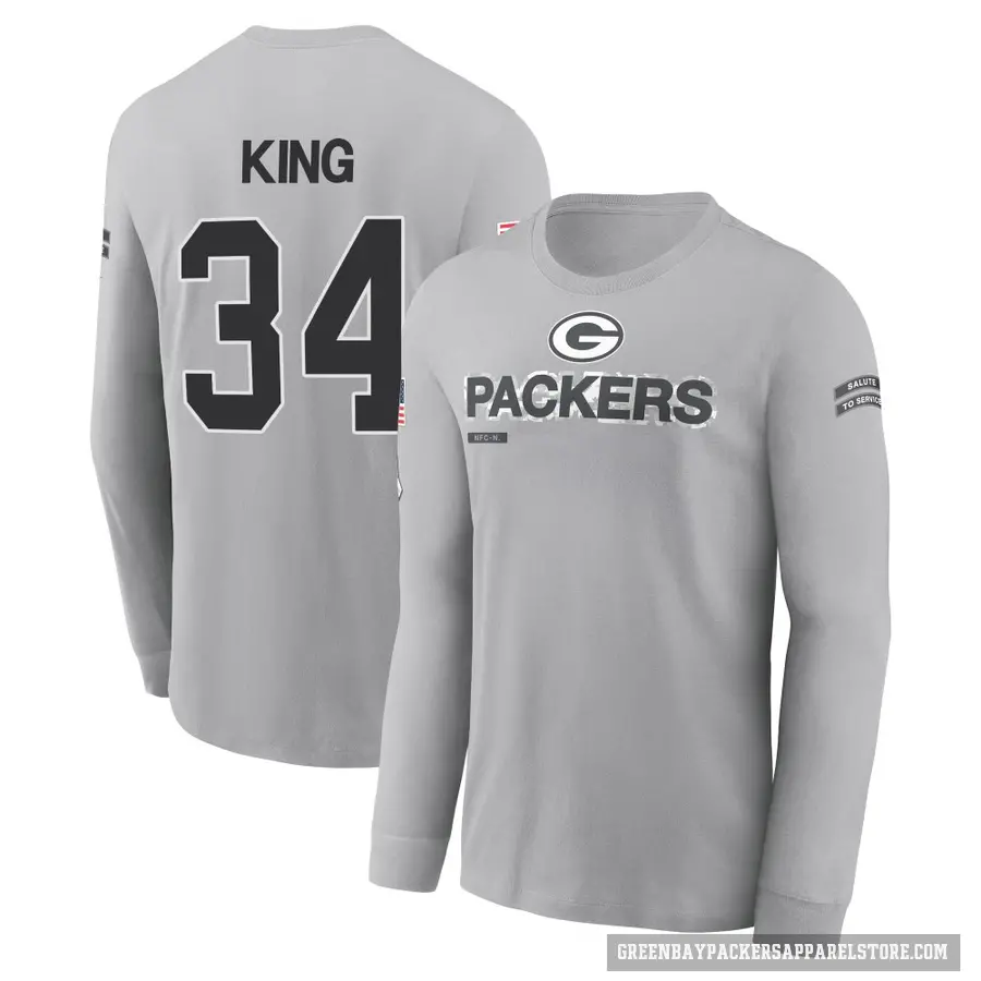 Youth ＃34 Kalen King Green Bay Packers Gray 2024 Salute to Service Long Sleeve T-Shirt
