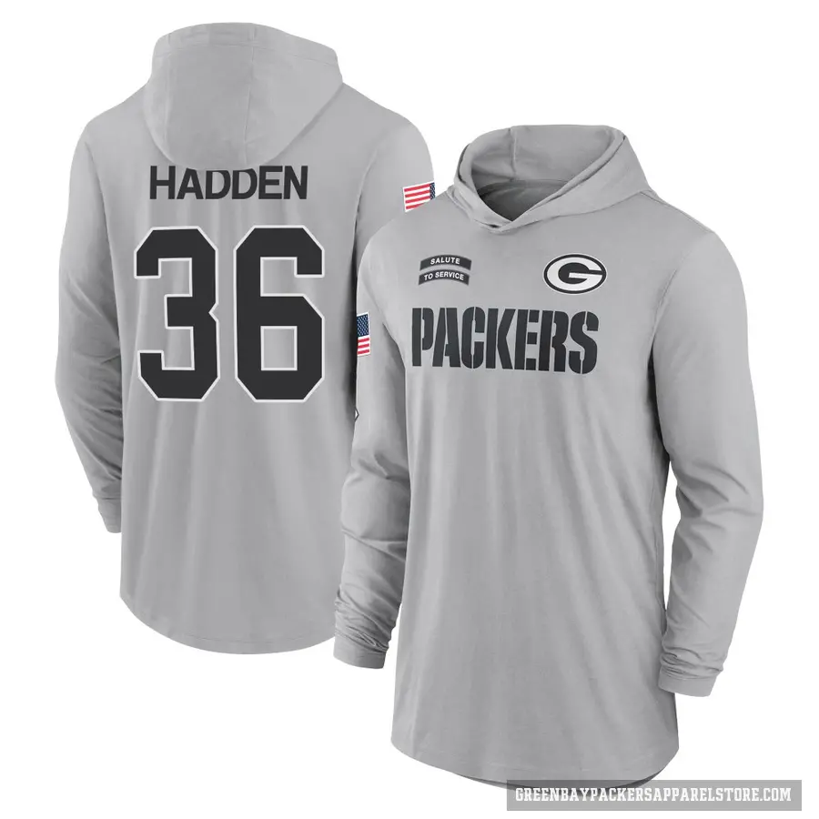 Youth ＃36 Kamal Hadden Green Bay Packers Gray 2024 Salute to Service Lightweight Performance Long Sleeve Hooded T-Shirt