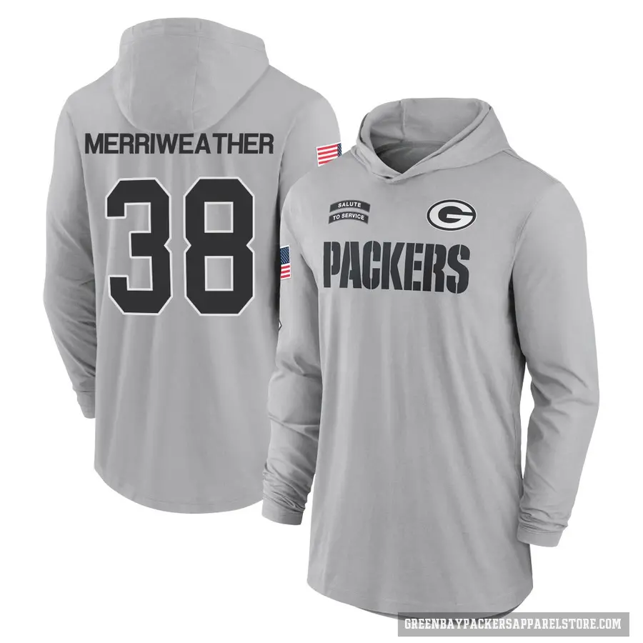 Youth ＃38 Ellis Merriweather Green Bay Packers Gray 2024 Salute to Service Lightweight Performance Long Sleeve Hooded T-Shirt