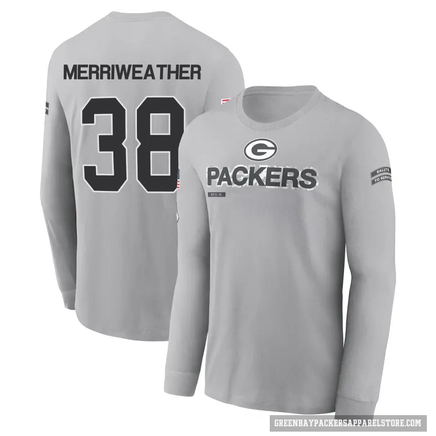 Youth ＃38 Ellis Merriweather Green Bay Packers Gray 2024 Salute to Service Long Sleeve T-Shirt
