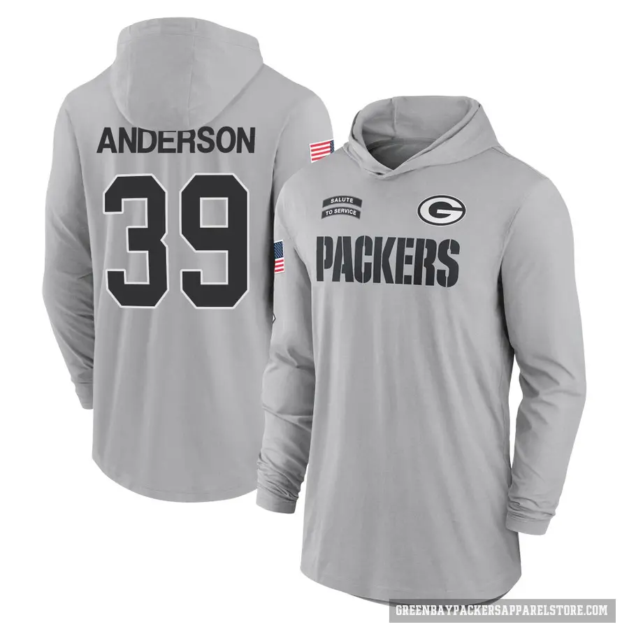 Youth ＃39 Zayne Anderson Green Bay Packers Gray 2024 Salute to Service Lightweight Performance Long Sleeve Hooded T-Shirt