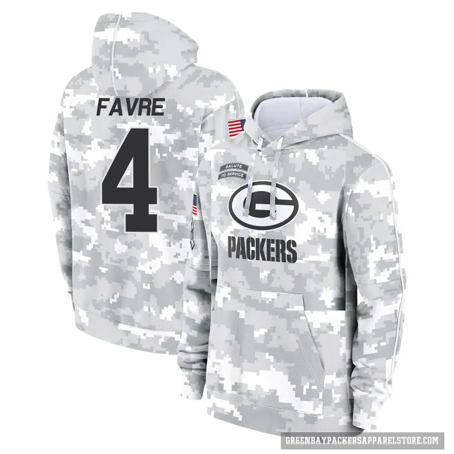 Youth ＃4 Brett Favre Green Bay Packers Arctic Camo 2024 Salute to Service Club Fleece Pullover Hoodie