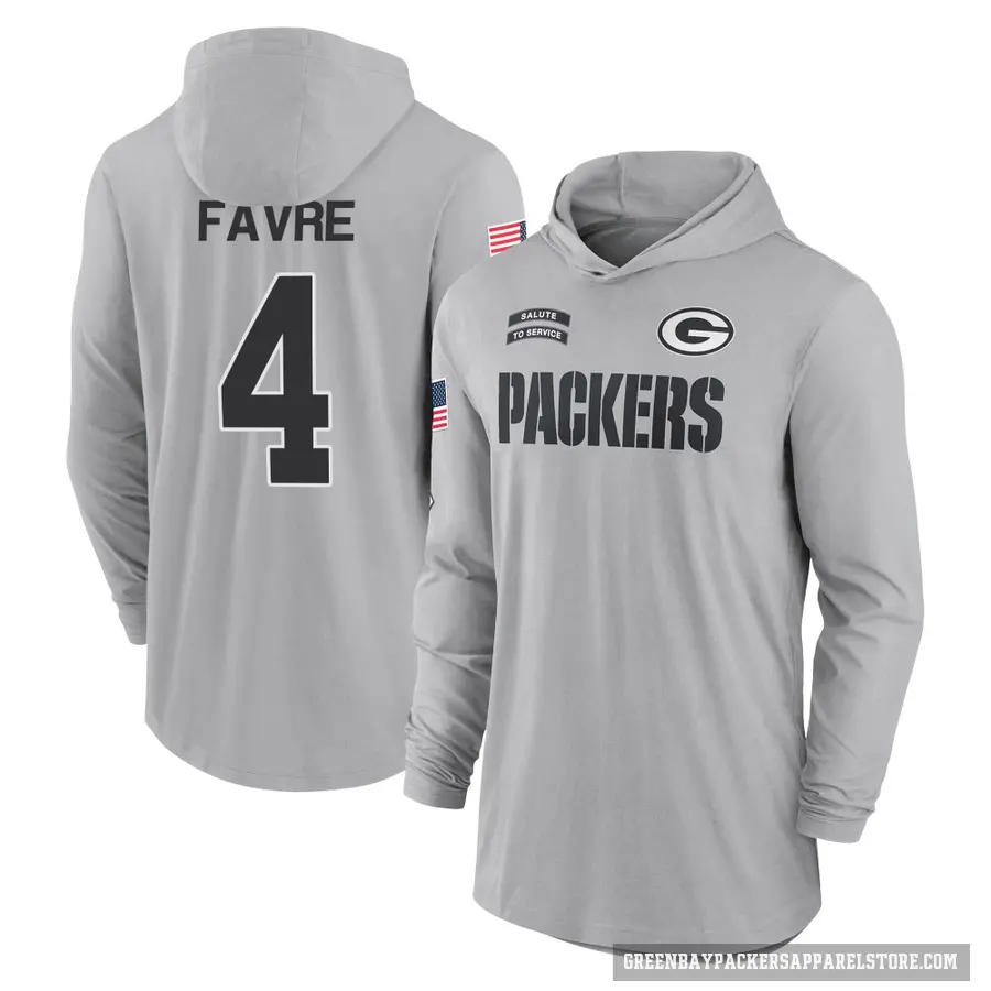 Youth ＃4 Brett Favre Green Bay Packers Gray 2024 Salute to Service Lightweight Performance Long Sleeve Hooded T-Shirt