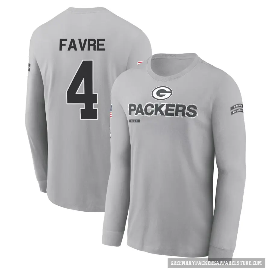 Youth ＃4 Brett Favre Green Bay Packers Gray 2024 Salute to Service Long Sleeve T-Shirt