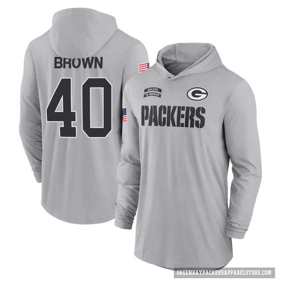 Youth ＃40 Omar Brown Green Bay Packers Brown Gray 2024 Salute to Service Lightweight Performance Long Sleeve Hooded T-Shirt