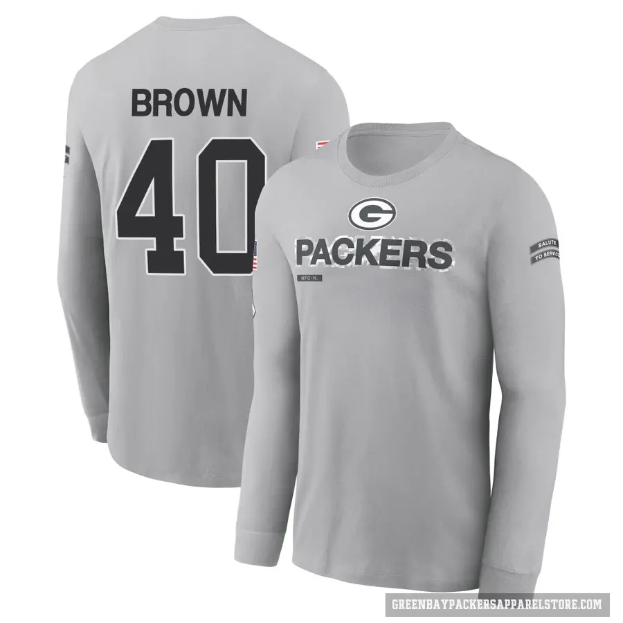 Youth ＃40 Omar Brown Green Bay Packers Brown Gray 2024 Salute to Service Long Sleeve T-Shirt