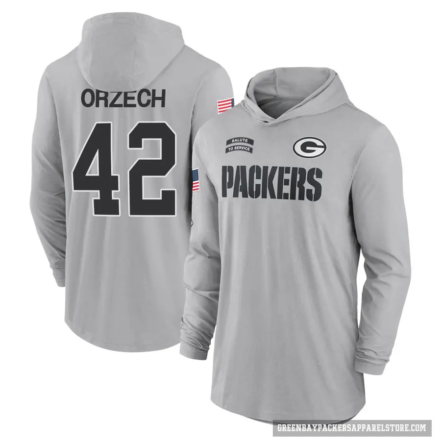 Youth ＃42 Matt Orzech Green Bay Packers Gray 2024 Salute to Service Lightweight Performance Long Sleeve Hooded T-Shirt