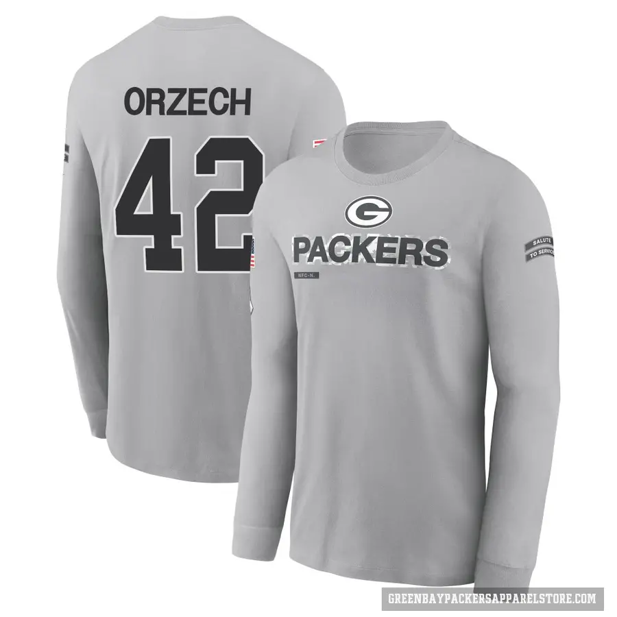 Youth ＃42 Matt Orzech Green Bay Packers Gray 2024 Salute to Service Long Sleeve T-Shirt