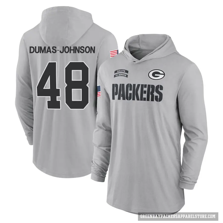 Youth ＃48 Jamon Dumas-Johnson Green Bay Packers Gray 2024 Salute to Service Lightweight Performance Long Sleeve Hooded T-Shirt