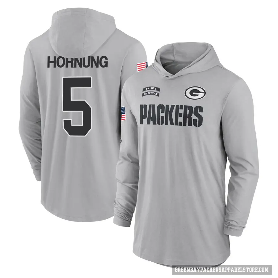 Youth ＃5 Paul Hornung Green Bay Packers Gray 2024 Salute to Service Lightweight Performance Long Sleeve Hooded T-Shirt