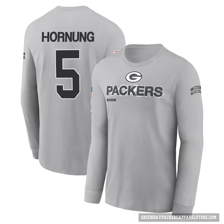 Youth ＃5 Paul Hornung Green Bay Packers Gray 2024 Salute to Service Long Sleeve T-Shirt