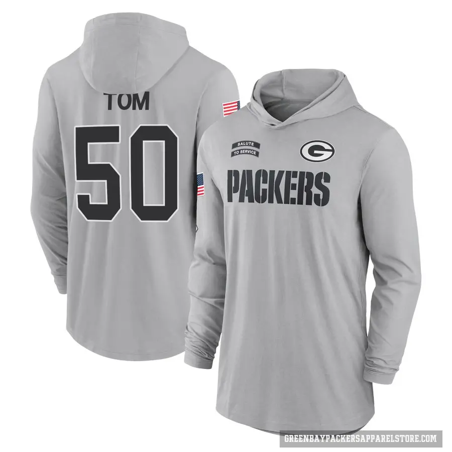 Youth ＃50 Zach Tom Green Bay Packers Gray 2024 Salute to Service Lightweight Performance Long Sleeve Hooded T-Shirt