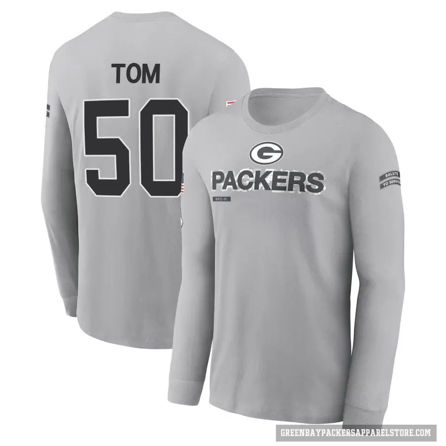Youth ＃50 Zach Tom Green Bay Packers Gray 2024 Salute to Service Long Sleeve T-Shirt