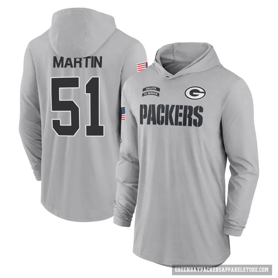 Youth ＃51 Jeremiah Martin Green Bay Packers Gray 2024 Salute to Service Lightweight Performance Long Sleeve Hooded T-Shirt