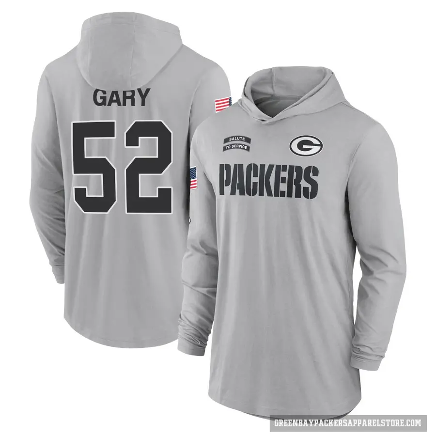Youth ＃52 Rashan Gary Green Bay Packers Gray 2024 Salute to Service Lightweight Performance Long Sleeve Hooded T-Shirt